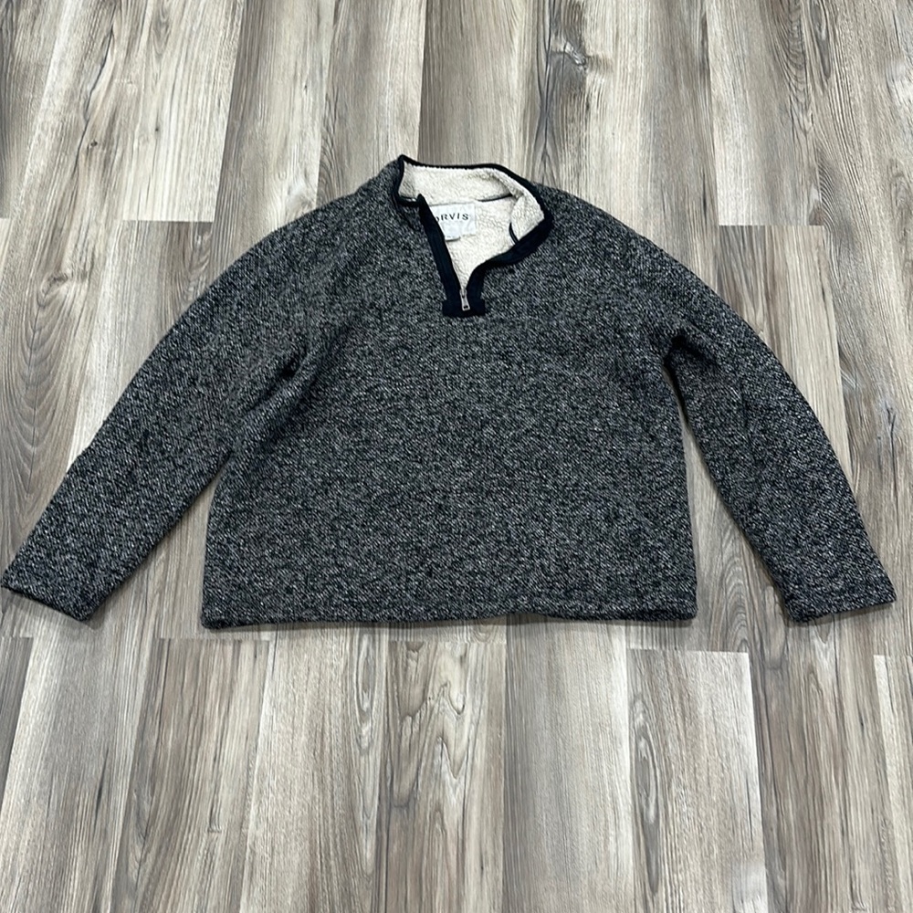 Sherpa lined speckled black, white, grey men’s large quarter zip jacket Orvis